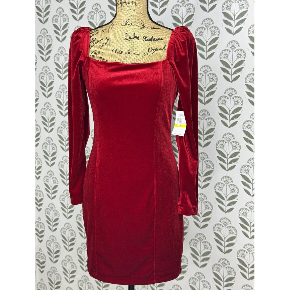 1.STATE Red Velvet Square Neck Puff Sleeve Bodycon Mini Dress Womens M NWT